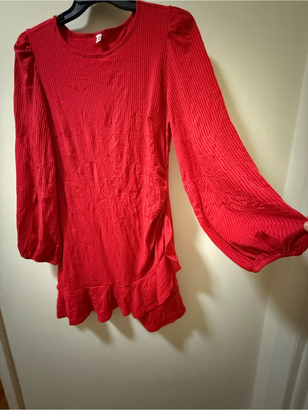 Ribbed Red Long-Sleeve Ruffle-Hem Tunic - Picture 4 of 9